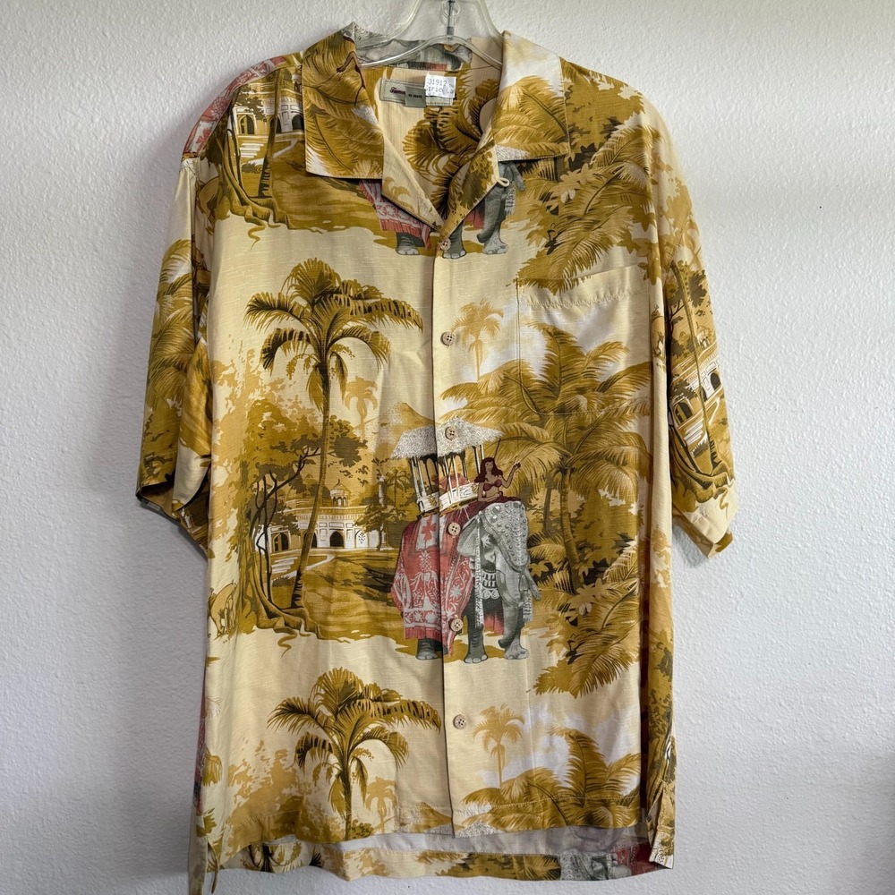 Tommy Bahama Hawaiian Shirt Men Large 100% Silk Elephant Palm Tree Print Casual